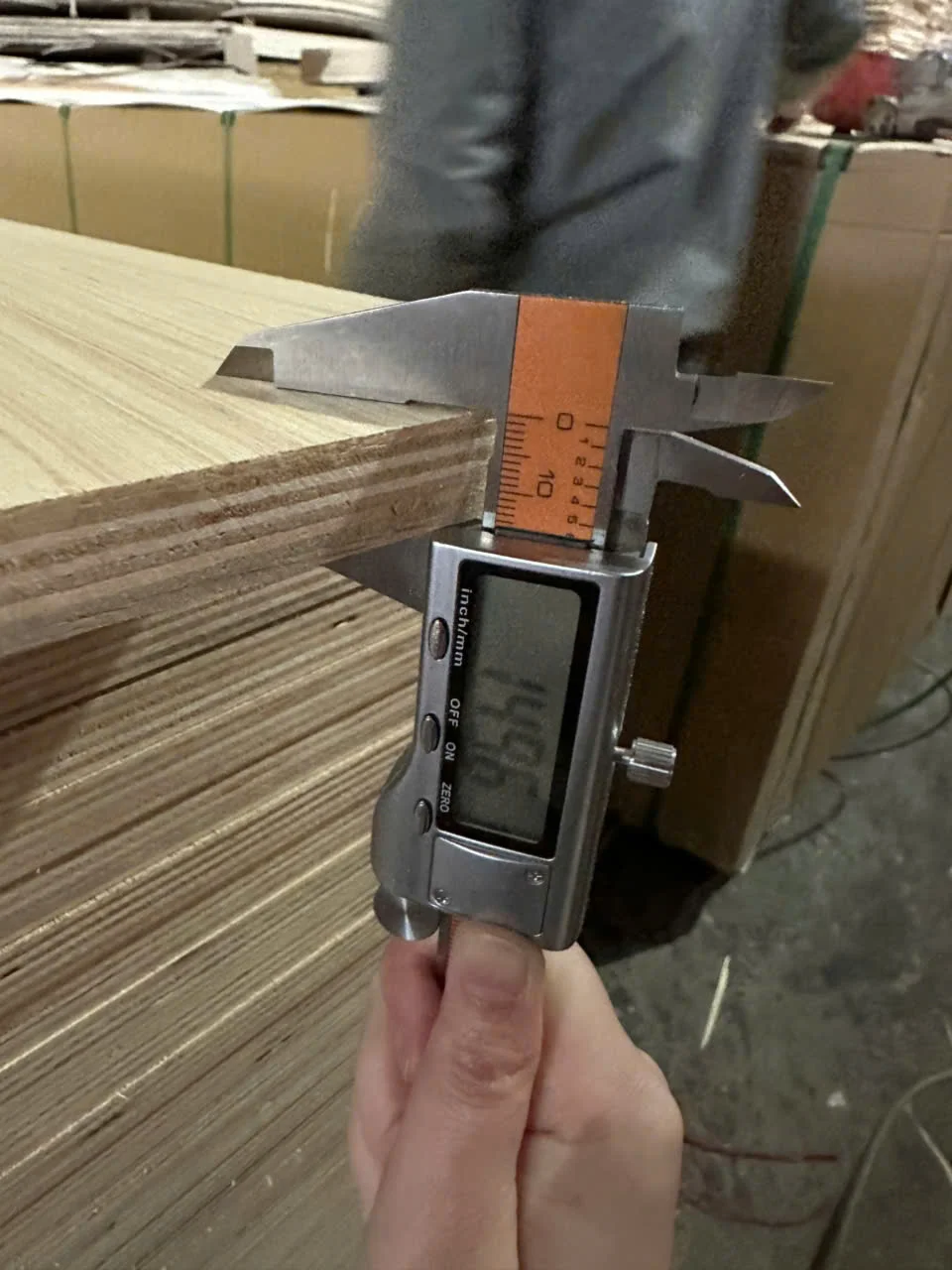 Plywood thickness tolerance measurement caliper QC inspection Vietnam HCPLY factory